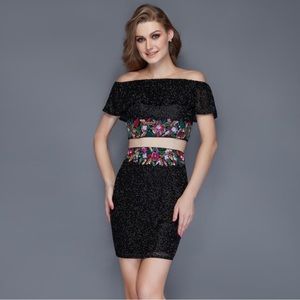 PRIMAVERA off the shoulder, two piece, beaded cocktail dress